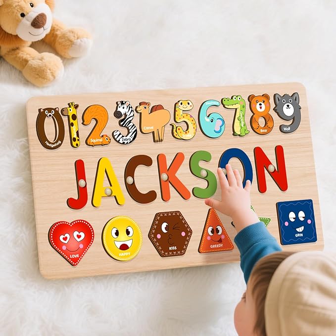 Name Puzzles for Toddlers Boy and Girl, Personalized Wooden Shapes Puzzles for Toddlers 1-3, Educational Toys, Customized Baby Gifts, 1 Year Old Girl Gifts