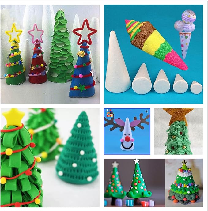 Crafjie Foam Cones for DIY Arts and Crafts (4.1 x 13.6 in, 6 Pack), White Polystyrene Christmas Tree Foam Cones Craft Supplies, for DIY Home Craft Project, Christmas Tree, Table Centerpiece