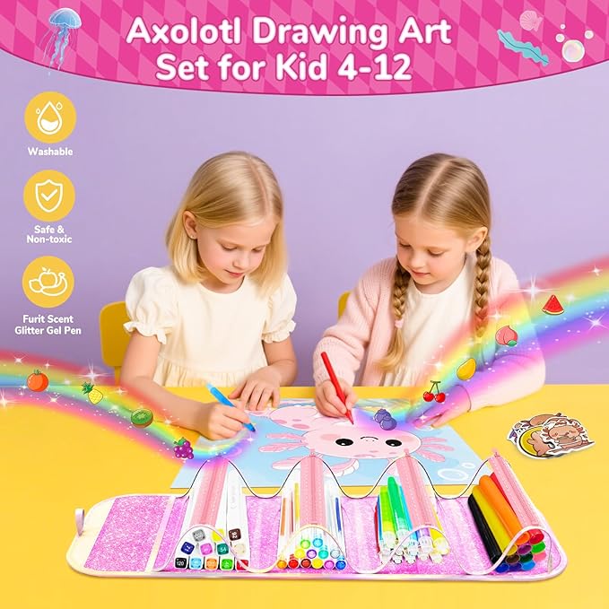 70PCS Axolotl Washable Markers Set with Glitter Pencil Case,Art Supplies for Kids Ages 4-6-8,Drawing Coloring Art Craft Kits for Girls with Marker,Glitter Pens,Crayon,Birthday Gifts Toys for Girls