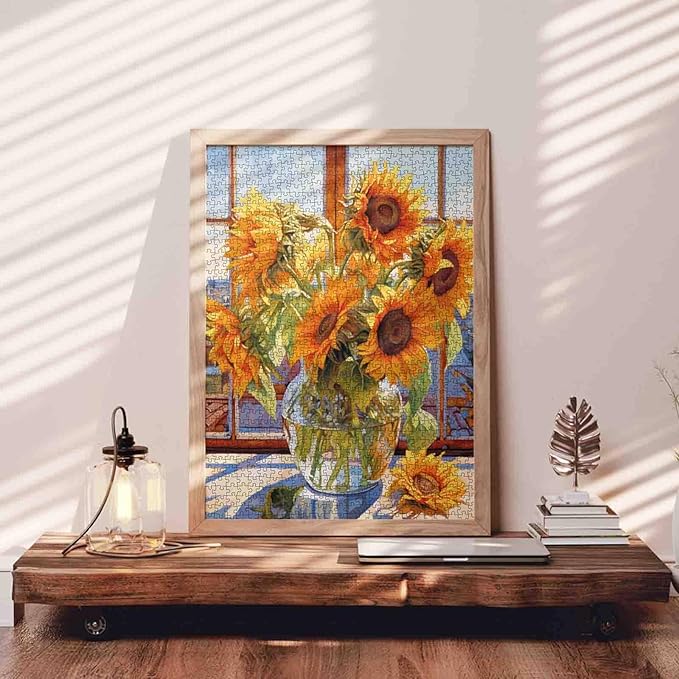 Sunflowers in Glass Vase Jigsaw Puzzle， Flowers 1000 Pieces Jigsaw Puzzles for Adults，27 x 20 Inches Puzzles for Families，HD Quality Abstract Floral Landscape Photo Puzzle Gift，Game Nights