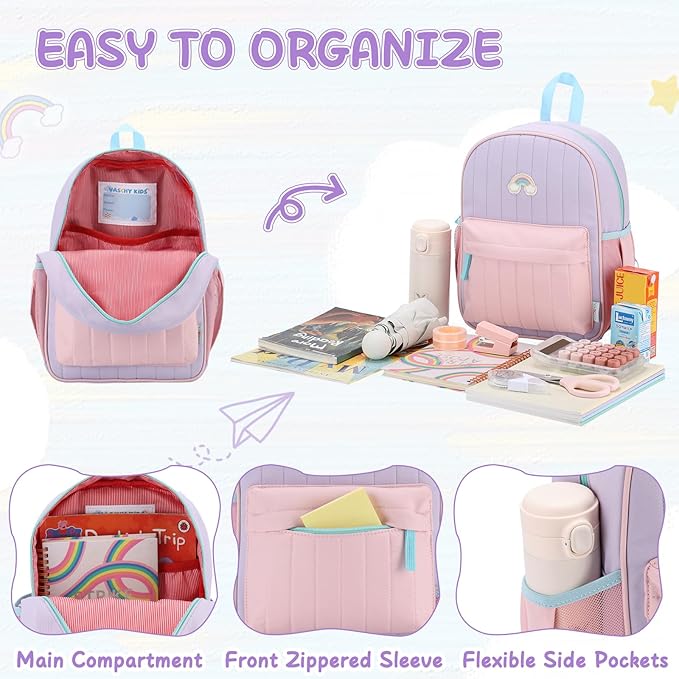 VASCHY Toddler Girls Backpack, Kids' Small Lightweight Quilted Color-blocked Bookbag School Backpack for Kindergarten Children Light Purple Pink