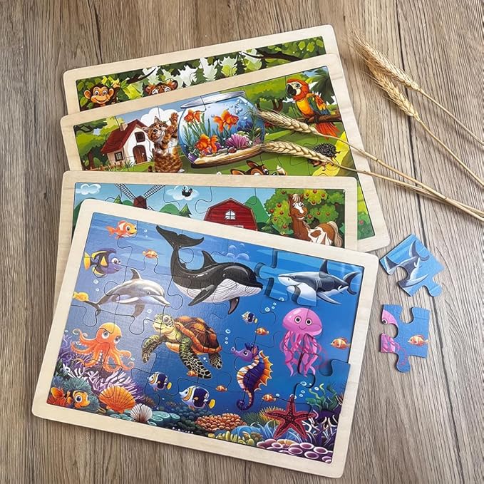 Set of 4 Packs Wooden Animals 24-PC Jigsaw Puzzles Wood Jigsaw Puzzles for Kids 3+ Years up Preschool Educational Puzzles Boards Toys Gifts