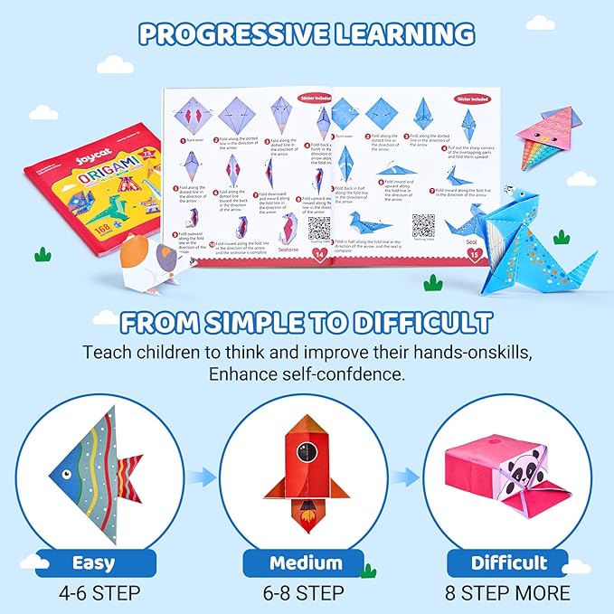 JoyCat Origami Paper Kit for Kids,180 Sheet 5.5x5.5 Colorful Paper,73 Dinosaur & Paperplane Style with Instruction Book,Art&Crafts Supply Set for Ages 5-12 boy,Ideal DIY&Educational Toy,Gift for Kids