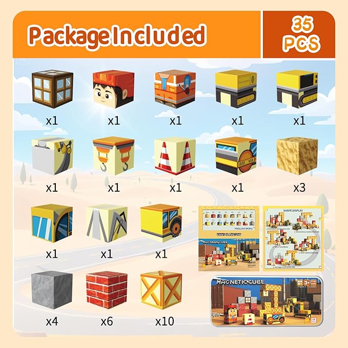 Magnetic Blocks with Magnet Box-35PCS Magnet Cubes, Magnetic Tiles Kids Build Cubes Travel Game Toys, Road Trip ‌Sensory Toy Christmas Birthday Gifts for Boys & Girls Ages 3