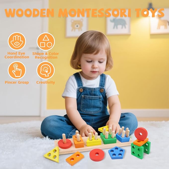 Montessori Toys for 1 2 3 Year Old - Wooden Baby Stacking Toys Sensory Educational Shape Sorter Color Sorting Toy for Toddlers 1-3, Birthday Gifts for Girls Boys Kids