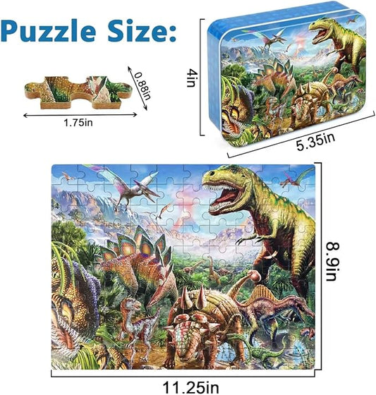 LELEMON Puzzles for Kids Ages 4-8,Tyrannosaurus 100 Piece Puzzles for Kids,Educational Kids Puzzles Ages 6-8 Jigsaw Puzzles in a Metal Box,Dinosaur Puzzles for Kids Ages 5-8 Cool Puzzle Games Toys