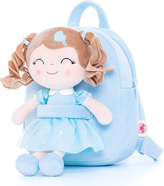 Gloveleya Back to School Gifts for Girls Toddler Backpack Baby Girls Gift Plush Bag Diaper Bag with Spring Girl Doll Curly Hair Girl Toys with Love Blue 9 Inches