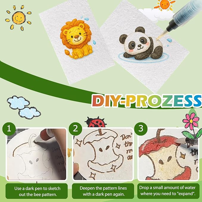Magic Puffy Paint Foam Texture Painting Kit: 36 Sheets 3D Foam Texture Paper (Round, Heart, Rectangle) with Watercolor Pens & Brushes, DIY Puffy Popcorn Drawing Art Set for Kids & Crafts