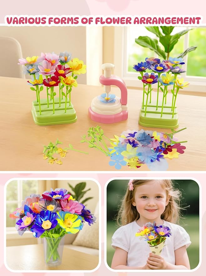 DIY Flower Bouquet Kit - Fabric Flower Bouquets Kids Toys for 3+ Years Old Girls, Birthday Preschool Kindergarten Pink Supplies Gift Set, Art Activities Presents with Wrapping Paper Display Base