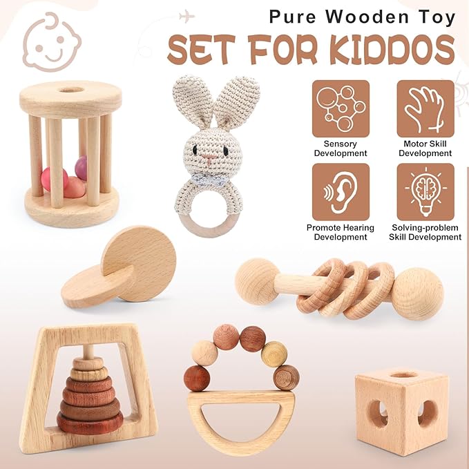 Wooden Baby Rattle, 7PCS Wooden Baby Toys for Babies 18-36 Months, Wood Montessori Toys with Crochet Rabbit Rattle for Infant Grasping, Gift for Baby Girls Boys