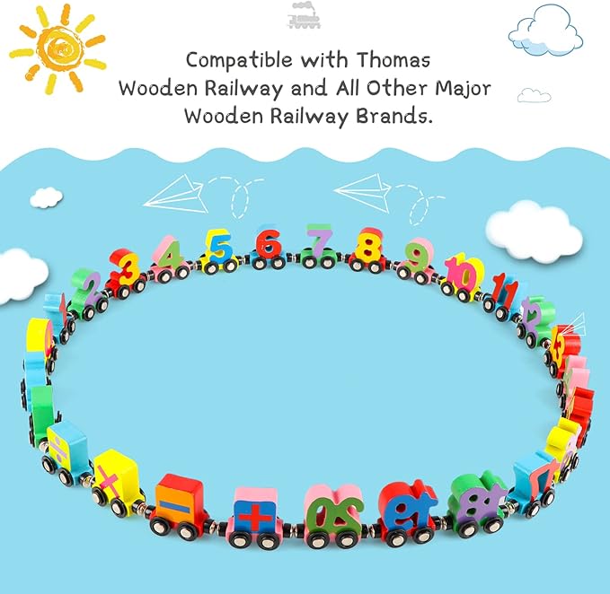 Wondertoys 27 PCS Wooden Magnetic Number Train Set Toy Compatible with Major Brands Train Set Tracks