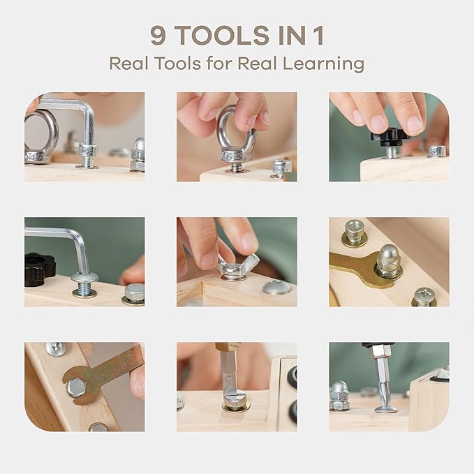 Comfy Cubs Busy Board Toy Truck Set - Fun & Noise-Free, Pine Wood Activity Board for Toddlers with LED Light Switch - Designed in The US, Focused & Engaging Montessori Play for Kids 3+ (Natural Wood)