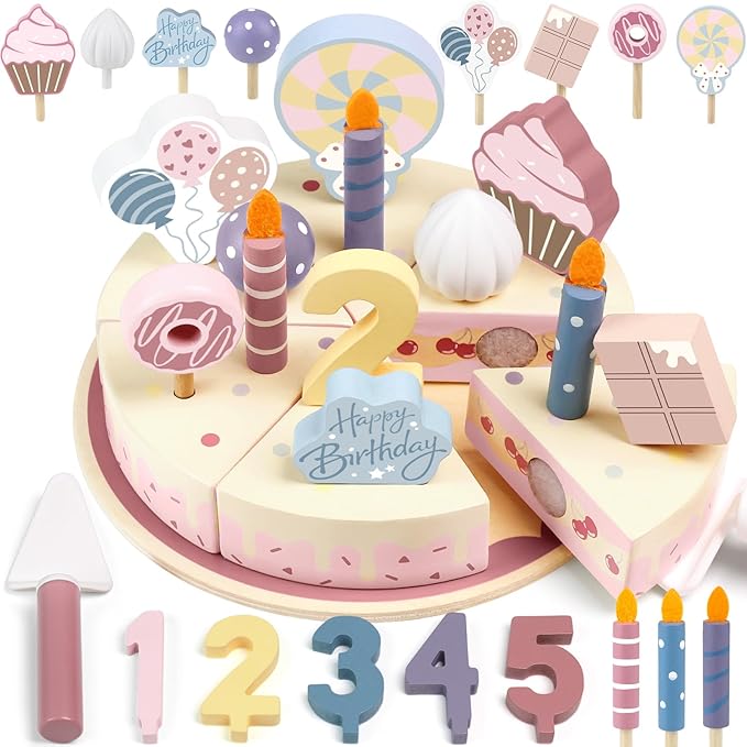 Wooden Birthday Party Cake Play Food Sets for Toddler 2 3 4 5 Year Old Girls Boys Kids Kitchen Accessories Pretend Play Toy Gift Educational Toys