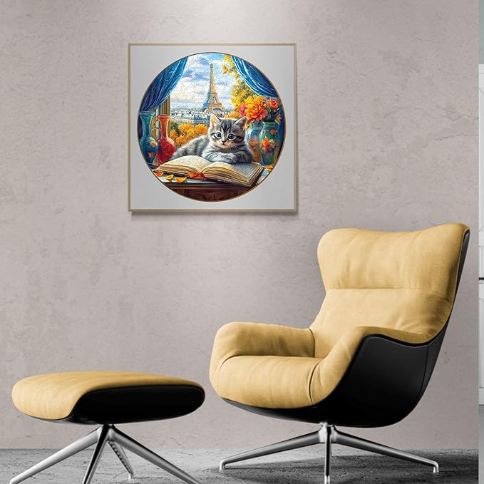 KAAYEE Wooden Puzzles for Adults, 3D Visual Effect Paris and Cat Wooden Jigsaw Puzzle Unique Shape Wood Puzzle Adult, 3D Effect Flat Puzzle Birthday Family Games (M-11.4 * 11.4 in-200pcs)