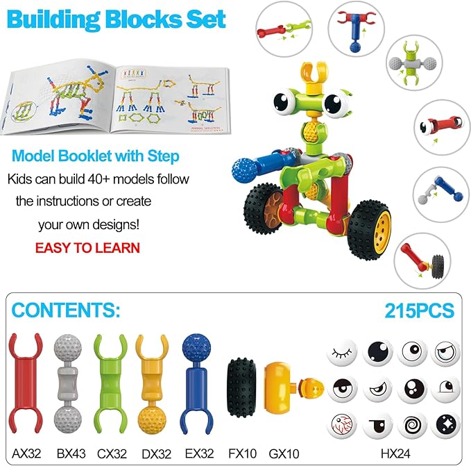 215 PCS Creative Building Blocks Playset Toy - Featuring Storage, Includes Dinosaur, Robot, Car, Spider, Dog Figure, Learning Toy for Kids, Birthdays Gift for Kids, Boys and Girls Ages 4-7, 8+