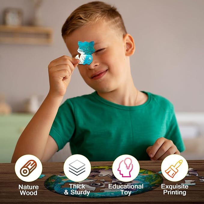 Christmas Birthday Gifts for Kids Girls Boys, Wooden Jigsaw Puzzles for Kids Ages 4-6, 50 Piece Unique Shape Animal Theme Puzzle - Preschool Learning Educational Toys for Kid 3+ (Raccoon)