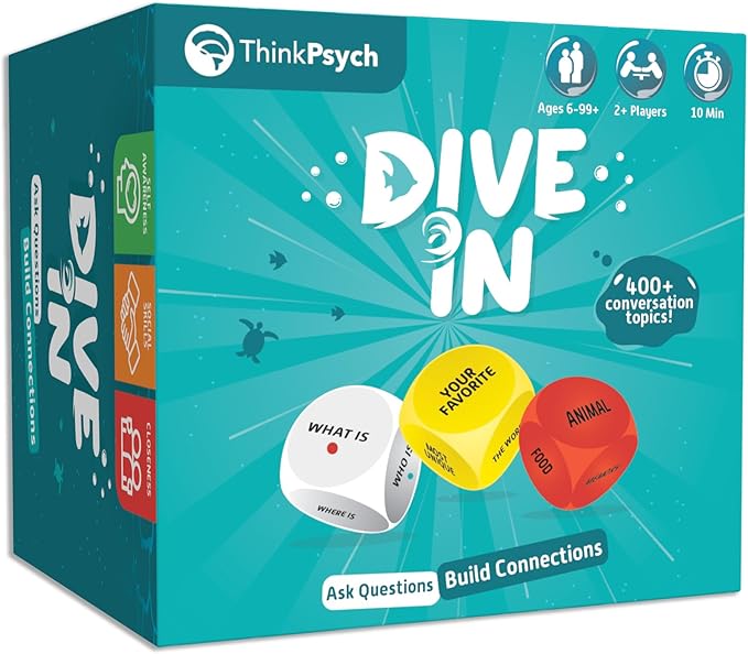 ThinkPsych Dive in - SEL Conversation Dice Game with 400+ Topics | Therapy Games for Kids & Teens | Social Emotional Learning for Home & School | Play Therapy & Counseling Toys | Ages 6-99