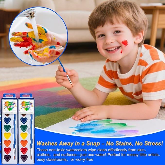 ARTLYMERS 24 Pack Watercolor Paint Set Kids, 8 Washable Heart Shaped Water Colors Paint Sets with Paintbrush for Children, Art Supplies for Preschool Classroom Party Favor Valentines Gifts