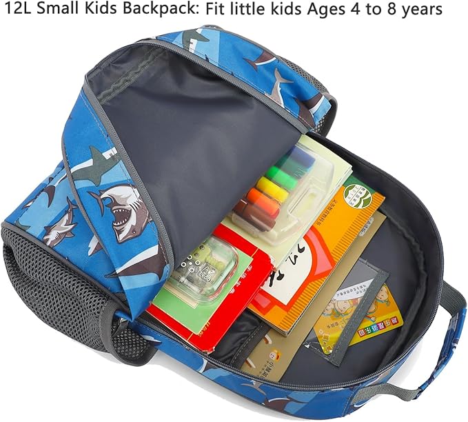 FlowFly Kids Backpack for Toddler Boys Girls, Simple Lightweight Bookbag for Daycare Kindergarten Elementary School Travel, Small Modern Bag (Medium 15''), Shark
