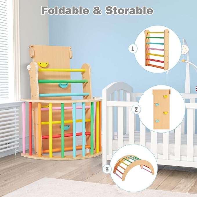 Asweets 4 in 1 Pikler Triangle Gym, Montessori Foldable Climber with Ramp, Indoor Climbing Toys for Kids, Climbing Triangle for Toddlers Arch Climber, Rocker, Learning Waldorf Children Toy, Rainbow