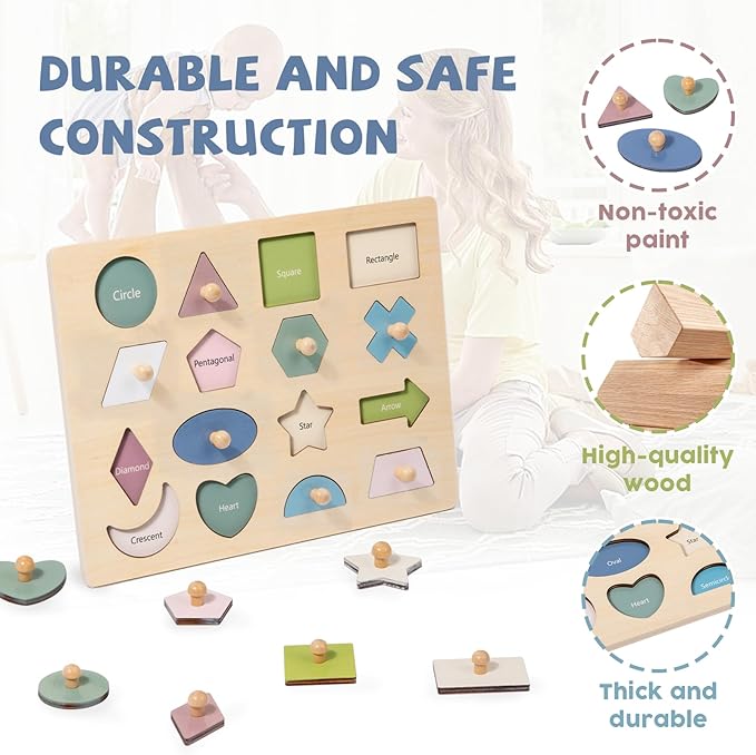 Adena Montessori Wooden Shape Peg 16 Piece Puzzle for Toddlers 2-4,Montessori Colorful Shapes Sorter Board,Geometric Color Matching Toys for Girls Boys 18-24 Months,Baby & Toddler Eearly Learning Gift