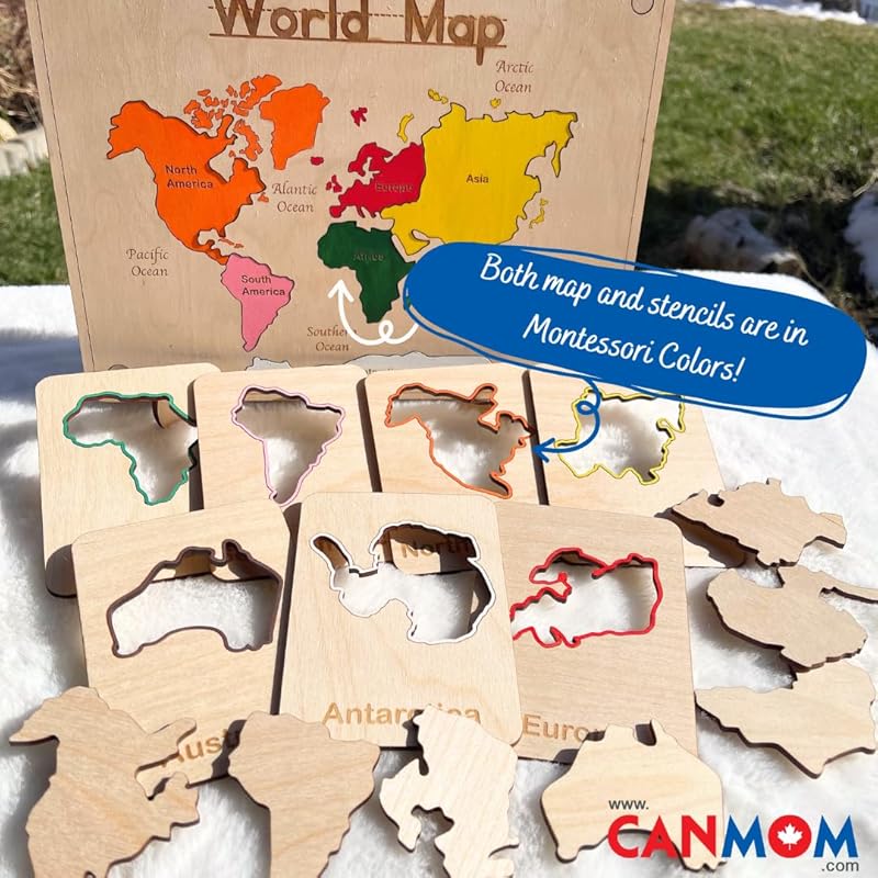 Handcrafted Wooden Continent Stencils – Montessori Geography Learning Tool, World Map Outline Stencil Set for Kids