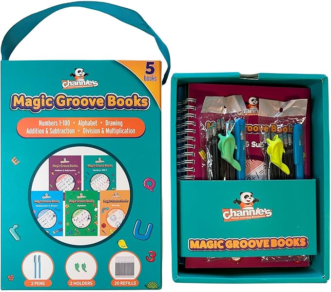 Channie’s Magic Groove Book Set, Kids’ Reusable Activity Books, Fun Workbooks for Homeschool or Extra Practice; Improve Handwriting Skills, Letter & Number Formation, Includes 5 Books