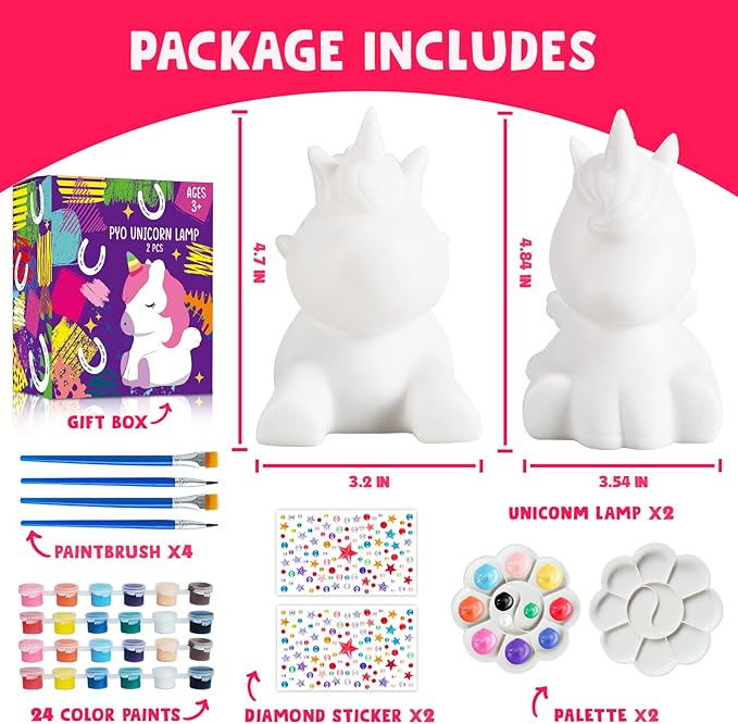 Paint Your Own Unicorn Lamp Kit 2pcs,DIY Unicorn Crafts Night Light, Arts & Crafts for Kids Ages 8-12, Painting Kit for Girls Boys Age 4 5 6 7 8+, Art Supplies Creative Gift for Birthday, Party