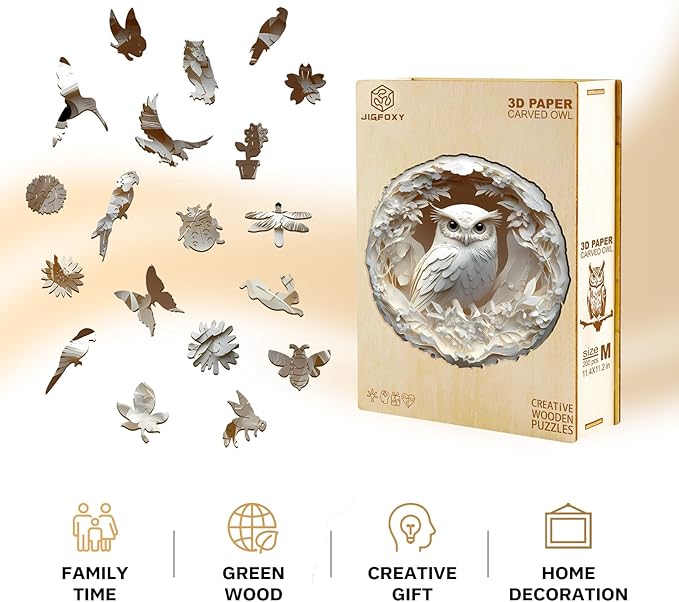Jigfoxy Wooden Puzzles for Adults, Visual 3D Owl Wood Puzzles Adult, Unique Animal Shape Wooden Jigsaw Puzzles for Adults, Birthday Gifts for Puzzle Lovers, Family (M-11.4 * 11.2in-200pcs)