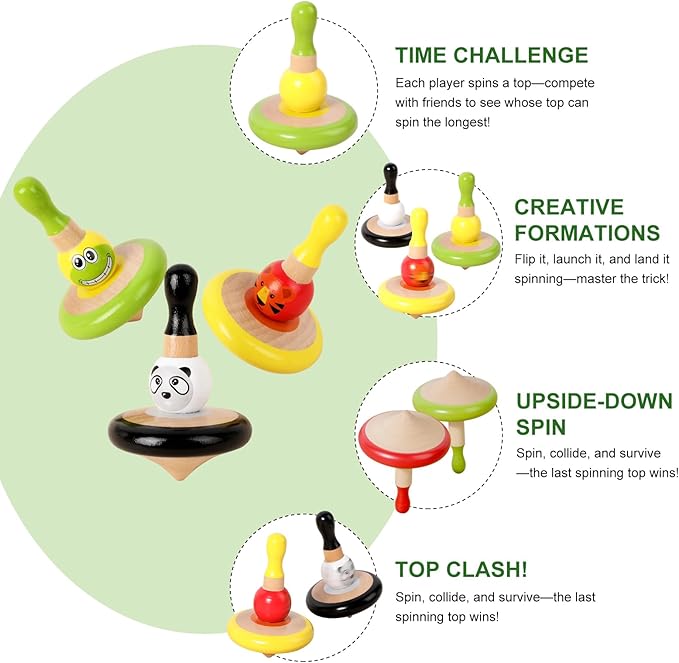 WODI 3PCS Wooden Spinning Tops - Adorable Animal Gyroscope Toys for Toddlers, Safe & Fun Montessori Educational Gift, Fidget Spinner for Kids/Toddlers (#2)