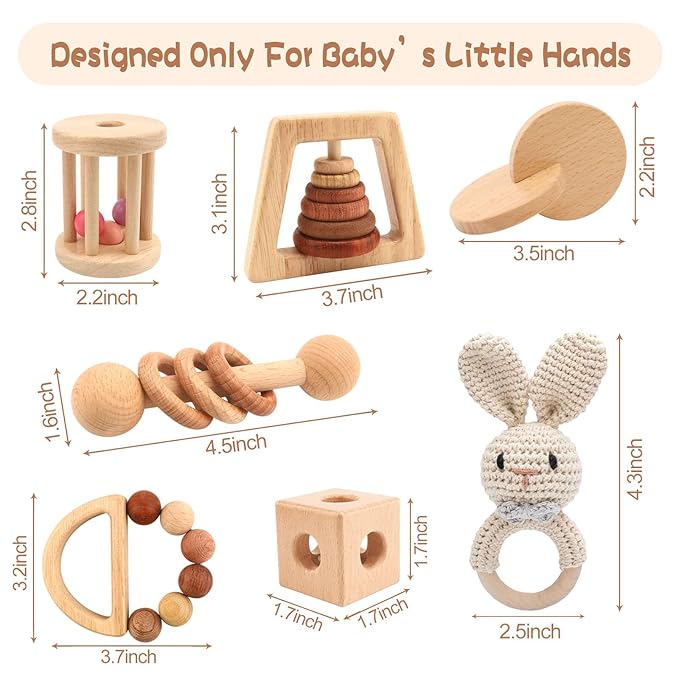 Wooden Baby Rattle, 7PCS Wooden Baby Toys for Babies 18-36 Months, Wood Montessori Toys with Crochet Rabbit Rattle for Infant Grasping, Gift for Baby Girls Boys