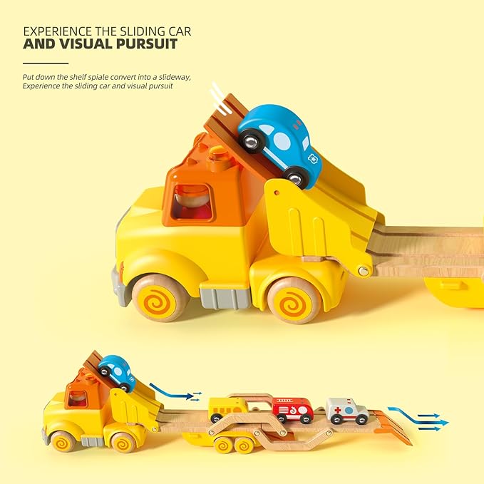 Toddler Car Toys for 2 3 4 5 Years Old Kids, Transport Carrier Truck Toy with 4 Wooden Vehicle, 24IN Foldable Track Trailer with Light & Sound Effects, Best Gift Choice for Christmas, Birthday