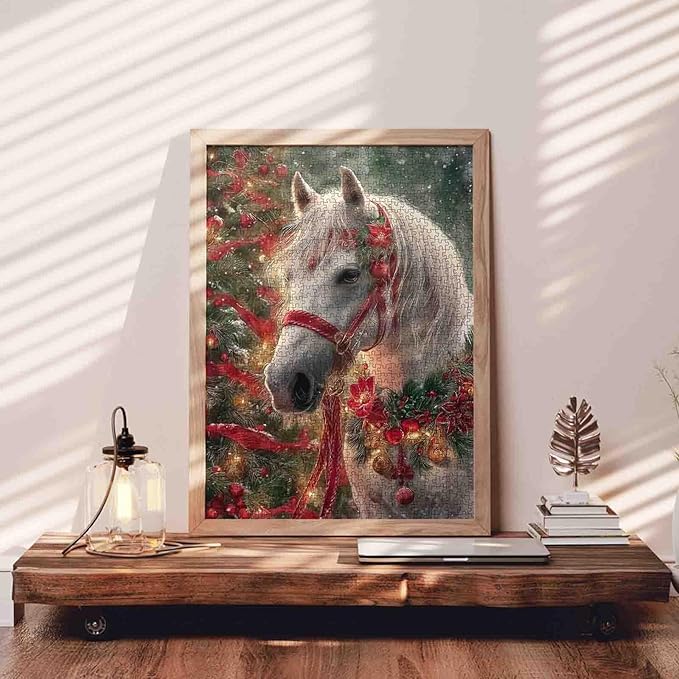 Christmas Animal 1000 Piece Jigsaw Puzzles for Adult White Horse with Red Poinsettia Painting Jigsaw Puzzle 1000 Christmas Tree Puzzles 20''x27”inch DIY Craft Puzzle Art Wall Decor Family Challenging
