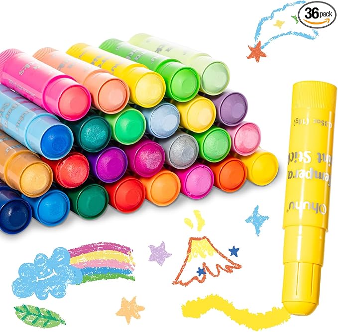 Ohuhu 36-Color Washable Tempera Paint Sticks for Kids, Non-Toxic Quick-Drying Paint Set for Drawing, Graffiti & Crafting - Works on Paper, Glass, Wood, Ceramic, Canvas & Rock
