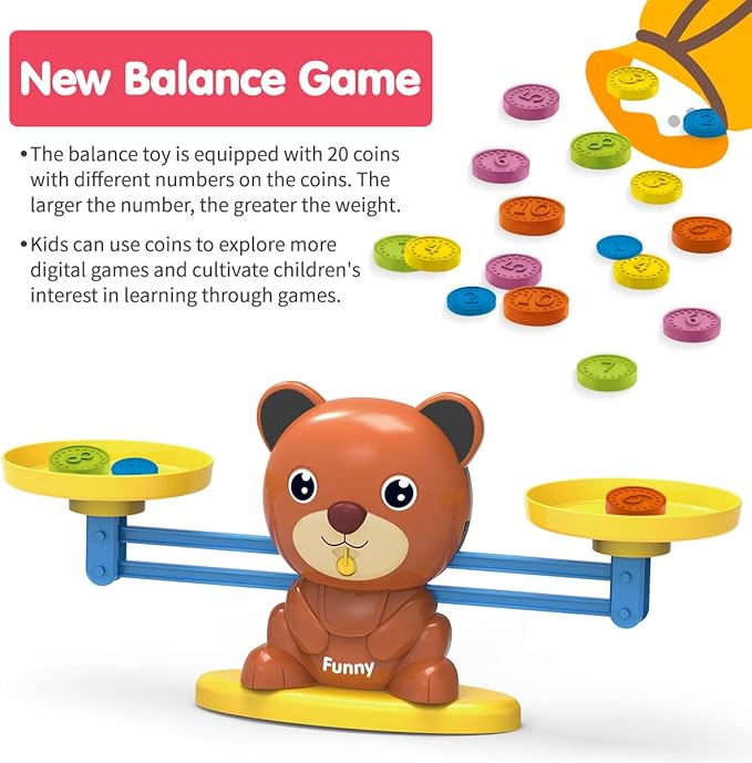 REMOKING Bear Balance Game, Funny Math Counting Toy with Numbers, Little Bears, Game Cards, Coins, Great Gifts for Kids 3 Years and up
