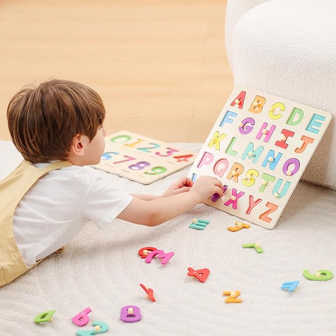 GRINNNIE Toddler Puzzle for 2 3 4 Years Old, Wooden Alphabet Number Peg Puzzles for Preschool Toddlers Age 2-4, Great Learning Puzzle Toy 1st Birthday Gift for Girls Boys