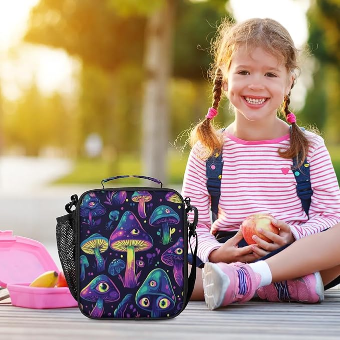 Mushrooms Insulated Lunch Box Kids Reusable Portable Lunchbox Bag with Adjustable Shoulder Strap and Water Bottle Holder for Work School Travel