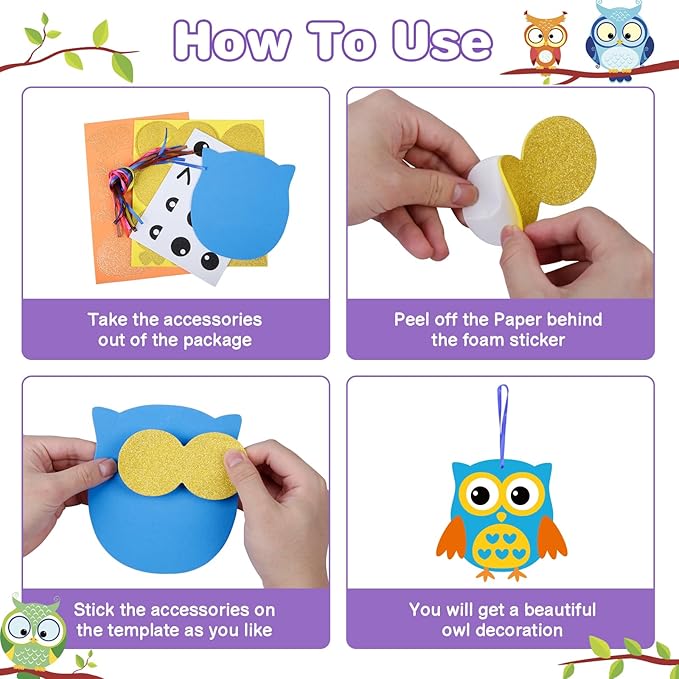 Fennoral 12 Pack Fall Craft for Kids Owl Craft Kits Make Your Own Owl Foam Stickers DIY Arts and Crafts for Boys Girls Art Activities Party Supply Autumn Thanksgiving Decoration