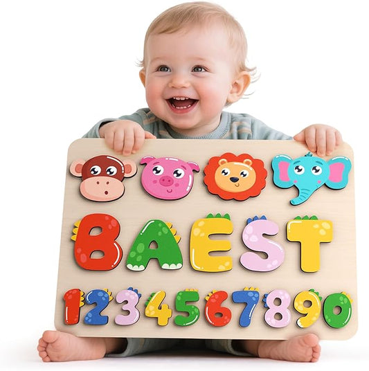 Personalized Name Puzzle for Toddlers - Custom Wooden Jigsaw Puzzles with Animals, Montessori Learning Toys, Baby Birthday Gift for 1, 2, 3 Year Old Boy or Girl (Name Puzzle-04)