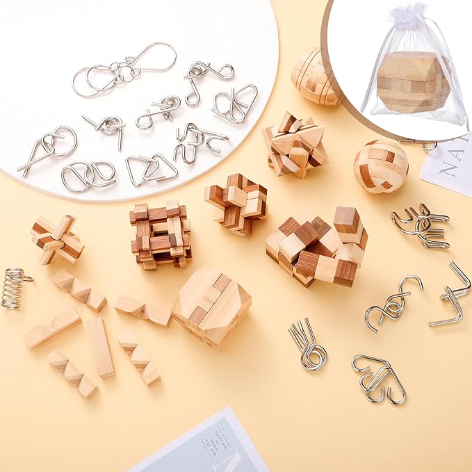 25 Pcs Wooden Brain Teaser Puzzles Metal Wire Puzzle Set, 3D Unlock Interlock Game IQ Test Toy Mind Game Toys Brain Teaser Toy Puzzle for Adults