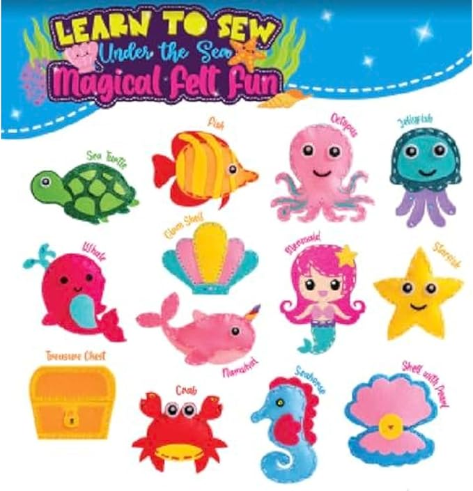 GirlZone Under The Sea Sewing Kit for Kids, Fun and Easy Embroidery Crafts, Make Adorable Sea Creatures Felt Projects, Kids Sewing Crafts for Ages 6 and Up, Includes Pre-Punch Shapes, Cute Patterns