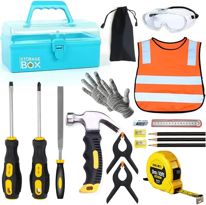 Kids Real 20Pcs Construction Tool Set with Blue Toolbox and Protective Clothing, Beginner Woodworking Tool Set, Educational Gift