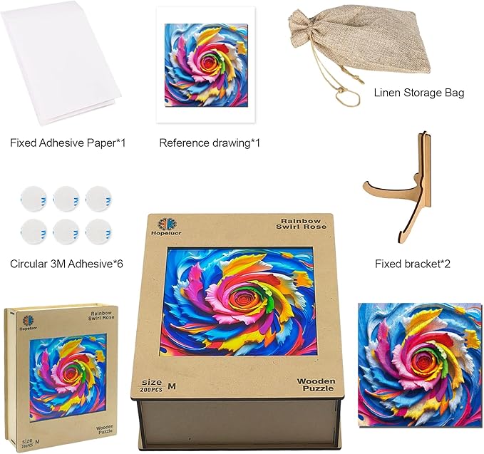 Wooden Puzzles for Adults 300Pieces, Rainbow Swirl Rose Wooden Jigsaw Puzzles, Stress Relief Puzzle Gifts, Unique Shaped Brain Teaser, Wall Art Home Decor, Challenging Family Games 15.2"x15.2"