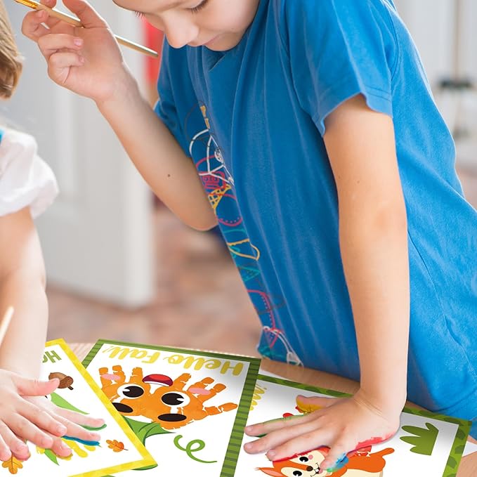Cinrobiye 24 Sets Fall Handprint Craft Kits Bulk Autumn Hand Print Craft DIY Greeting Cards Kit with Stickers Painting Ink for Home School Classroom Art Project Thanksgiving Party Favor Supplies Gift