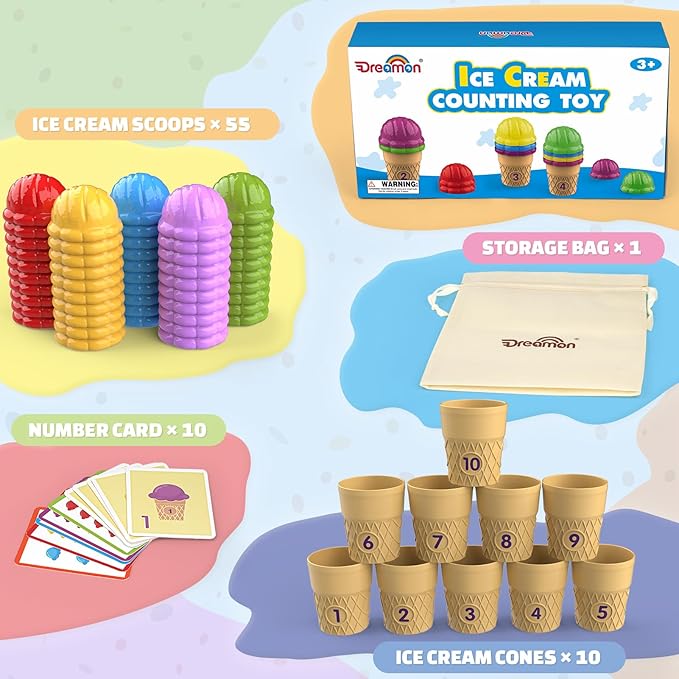 Ice Cream Color Sorting Toys for Toddlers, Montessori Counting Pretend Play Toys - 76 Pieces, Early Math Manipulatives Learning Toys with 10 Educational Number Cards for Preschool Kids (Number)