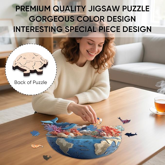 Dolphin Earth Wooden Puzzles, 209 Pieces Jigsaw Puzzles 12.2 x9.1 inch, Unique Design Wooden Puzzles for Adults and Kids, Family Game Gift