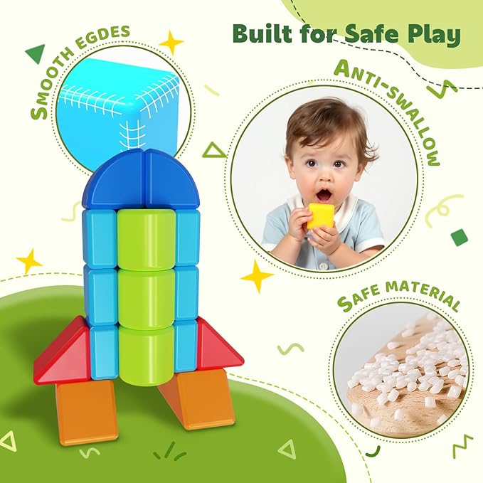 Magnetic Building Blocks, Large Magnetic Blocks for Kids Ages 1-3, 3D Geometric Shapes Stacking Blocks Set, Montessori Sensory Toys for Toddlers, Boys & Girls (12pcs)