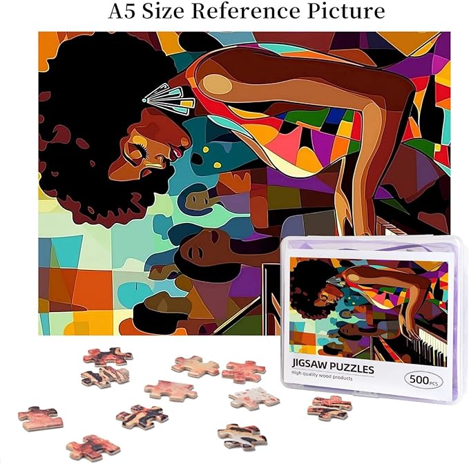 African Women Black Girl Jigsaw Puzzles 500 Pieces for Adults, African American Puzzles for Adults (Piano,Girl,Female) Pieces Musical Performance Frameable Magic Puzzle Art（Brown）