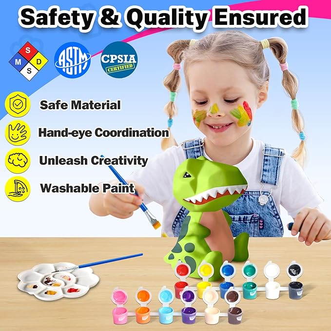 FUNZBO 4.3in Paint Your Own Dinosaur Lamp Kit - Arts and Crafts Supplies Painting Kit for Kids Teens, DIY Night Light Dinosaur Toys for Toddlers Boys Girls Age 3 4 5 6 7 8 9 10 11 12 13 Birthday Gifts