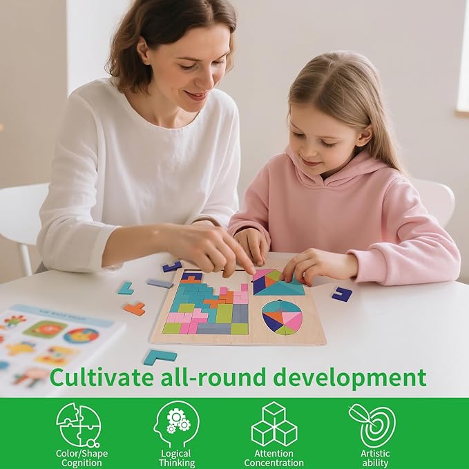 Kids Wooden Blocks Puzzles Toy Tangrams Jigsaw Oval Brain Teasers Toy Sets Colorful Russian Blocks Montessori Educational Logic Game(KD-003)
